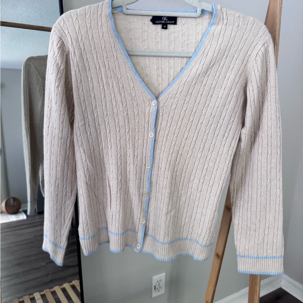 Classic Cream and Blue Ribbed Cardigan Sweater